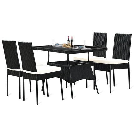 5 Pieces Outdaoor Patio Rattan Dining Set with Glass Top with Cushions - Black - Patio Dining Sets