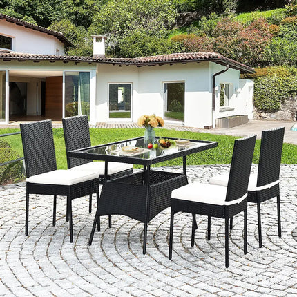 5 Pieces Outdaoor Patio Rattan Dining Set with Glass Top with Cushions - Black - Patio Dining Sets