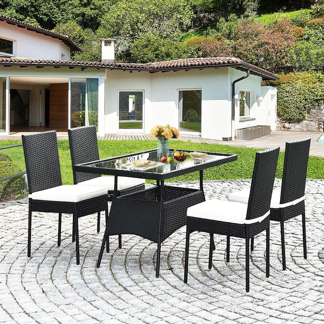 5 Pieces Outdaoor Patio Rattan Dining Set with Glass Top with Cushions - Black - Patio Dining Sets
