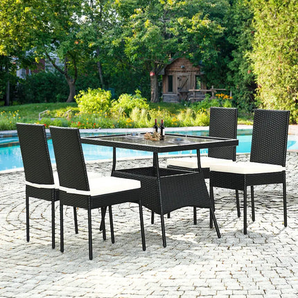 5 Pieces Outdaoor Patio Rattan Dining Set with Glass Top with Cushions - Black - Patio Dining Sets