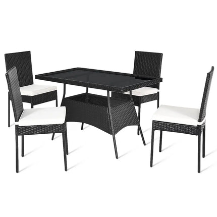 5 Pieces Outdaoor Patio Rattan Dining Set with Glass Top with Cushions - Black - Patio Dining Sets