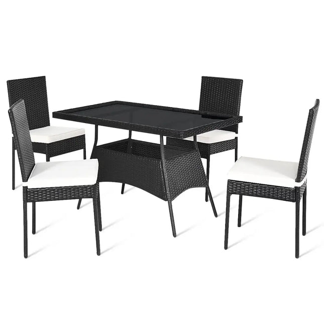 5 Pieces Outdaoor Patio Rattan Dining Set with Glass Top with Cushions - Black - Patio Dining Sets
