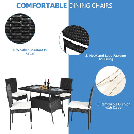 5 Pieces Outdaoor Patio Rattan Dining Set with Glass Top with Cushions - Black - Patio Dining Sets