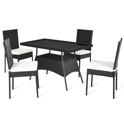 5 Pieces Outdaoor Patio Rattan Dining Set with Glass Top with Cushions - Black - Patio Dining Sets