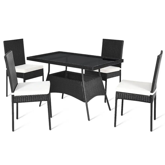 5 Pieces Outdaoor Patio Rattan Dining Set with Glass Top with Cushions - Black - Patio Dining Sets