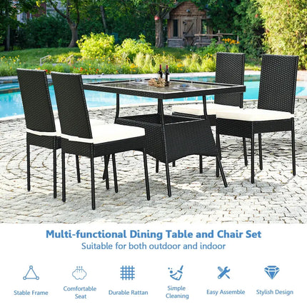 5 Pieces Outdaoor Patio Rattan Dining Set with Glass Top with Cushions - Black - Patio Dining Sets