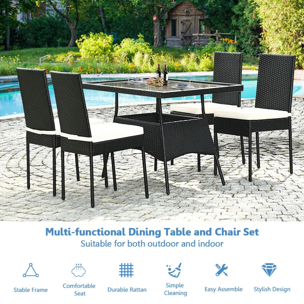 5 Pieces Outdaoor Patio Rattan Dining Set with Glass Top with Cushions - Black - Patio Dining Sets