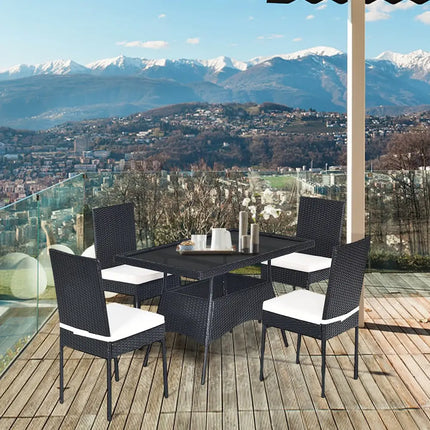 5 Pieces Outdaoor Patio Rattan Dining Set with Glass Top with Cushions - Black - Patio Dining Sets