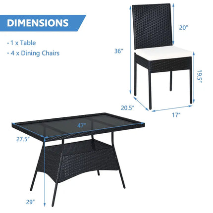 5 Pieces Outdaoor Patio Rattan Dining Set with Glass Top with Cushions - Black - Patio Dining Sets