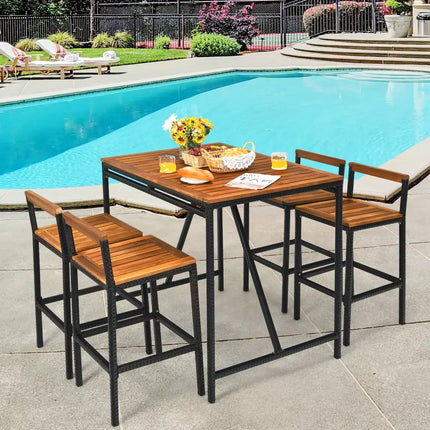 5 Pieces Outdoor Acacia Wood and PE Rattan Bar Set - Brown - Patio Bar Furniture