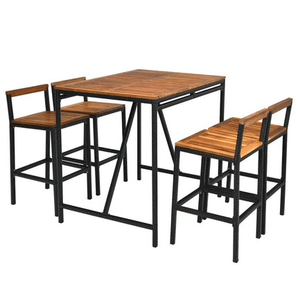 5 Pieces Outdoor Acacia Wood and PE Rattan Bar Set - Brown - Patio Bar Furniture