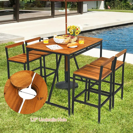 5 Pieces Outdoor Acacia Wood and PE Rattan Bar Set - Brown - Patio Bar Furniture
