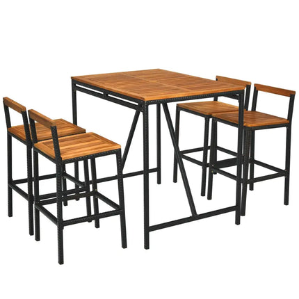 5 Pieces Outdoor Acacia Wood and PE Rattan Bar Set - Brown - Patio Bar Furniture