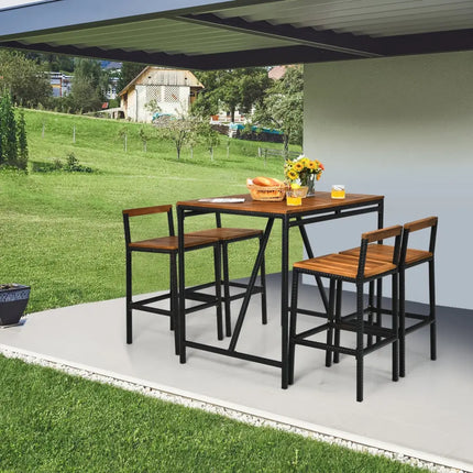 5 Pieces Outdoor Acacia Wood and PE Rattan Bar Set - Brown - Patio Bar Furniture