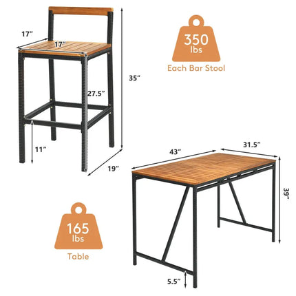 5 Pieces Outdoor Acacia Wood and PE Rattan Bar Set - Brown - Patio Bar Furniture