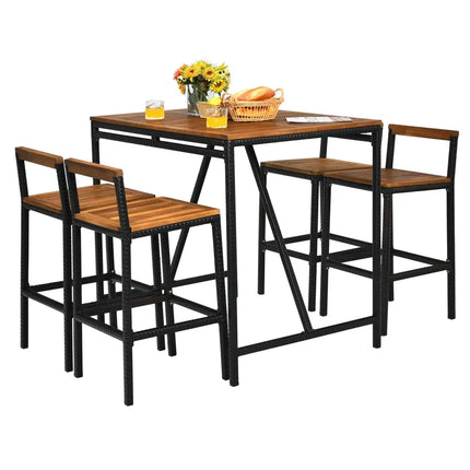 5 Pieces Outdoor Acacia Wood and PE Rattan Bar Set - Brown - Patio Bar Furniture