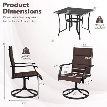 5 Pieces Outdoor Dining Set with 4 Swivel Chairs and 36 Inch Square Patio Table-Brown - Brown - Patio Dining Sets