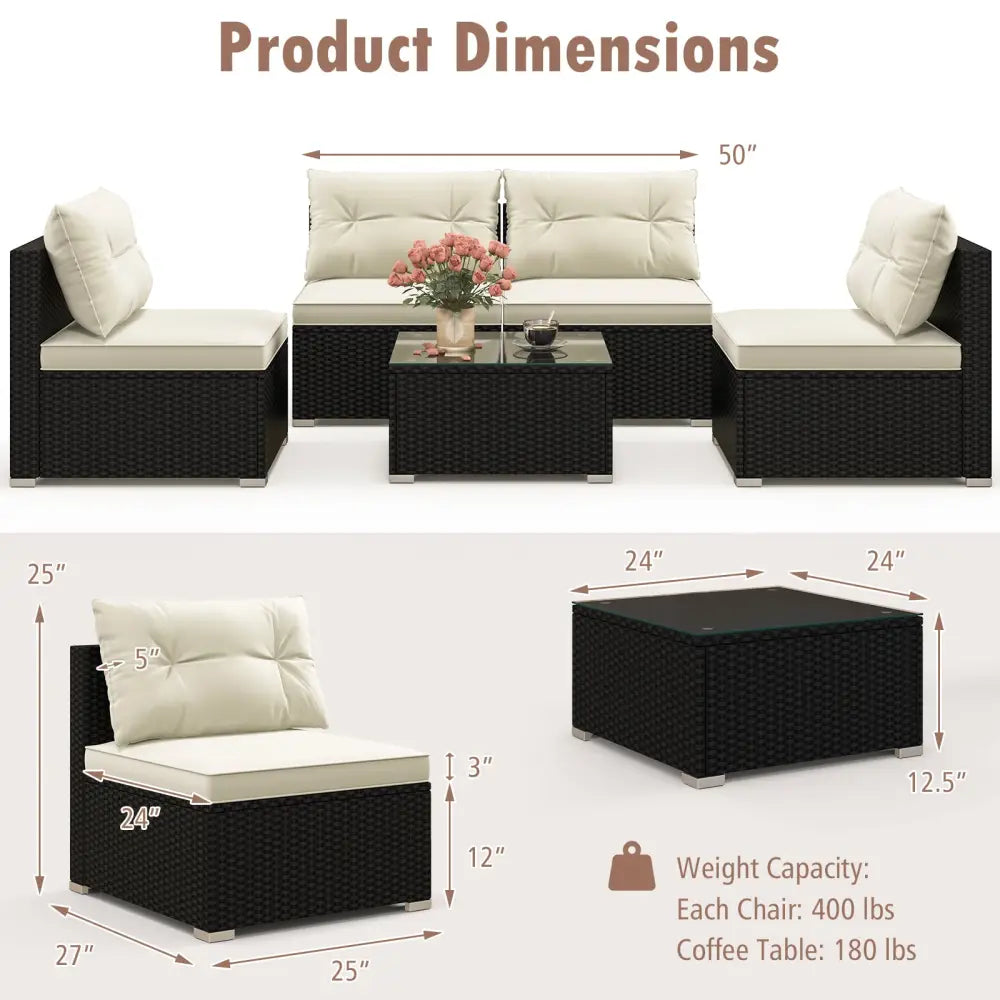 5 Pieces Outdoor Patio Furniture Set with Cushions and Coffee Table - Off White - Patio Conversation Sets