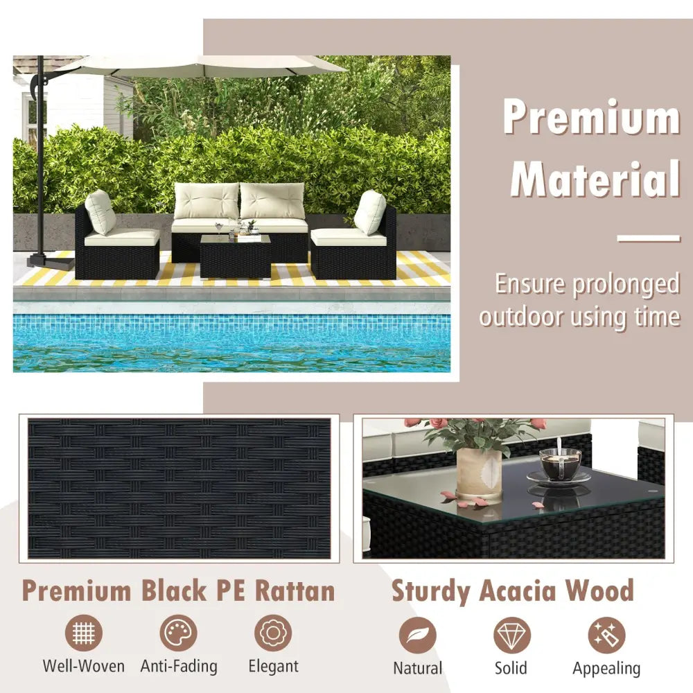 5 Pieces Outdoor Patio Furniture Set with Cushions and Coffee Table - Off White - Patio Conversation Sets