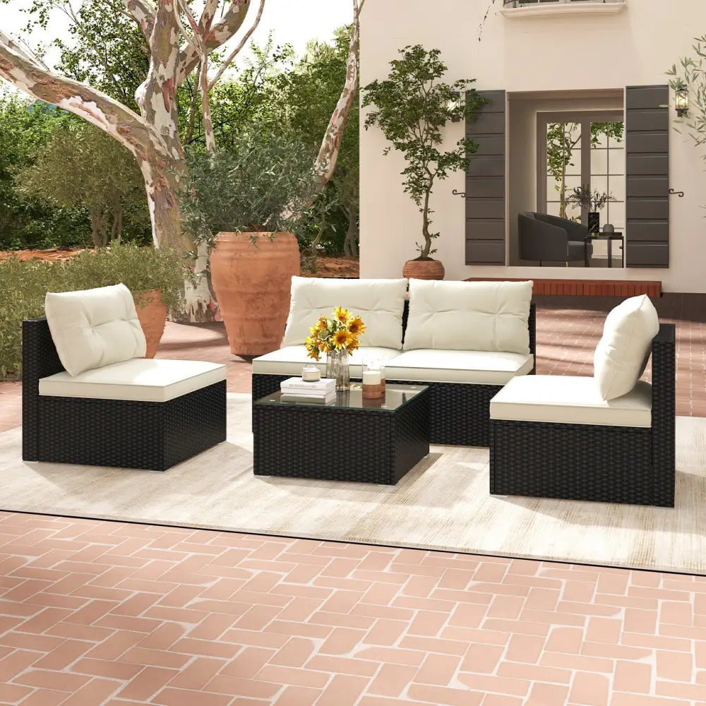5 Pieces Outdoor Patio Furniture Set with Cushions and Coffee Table - Off White - Patio Conversation Sets
