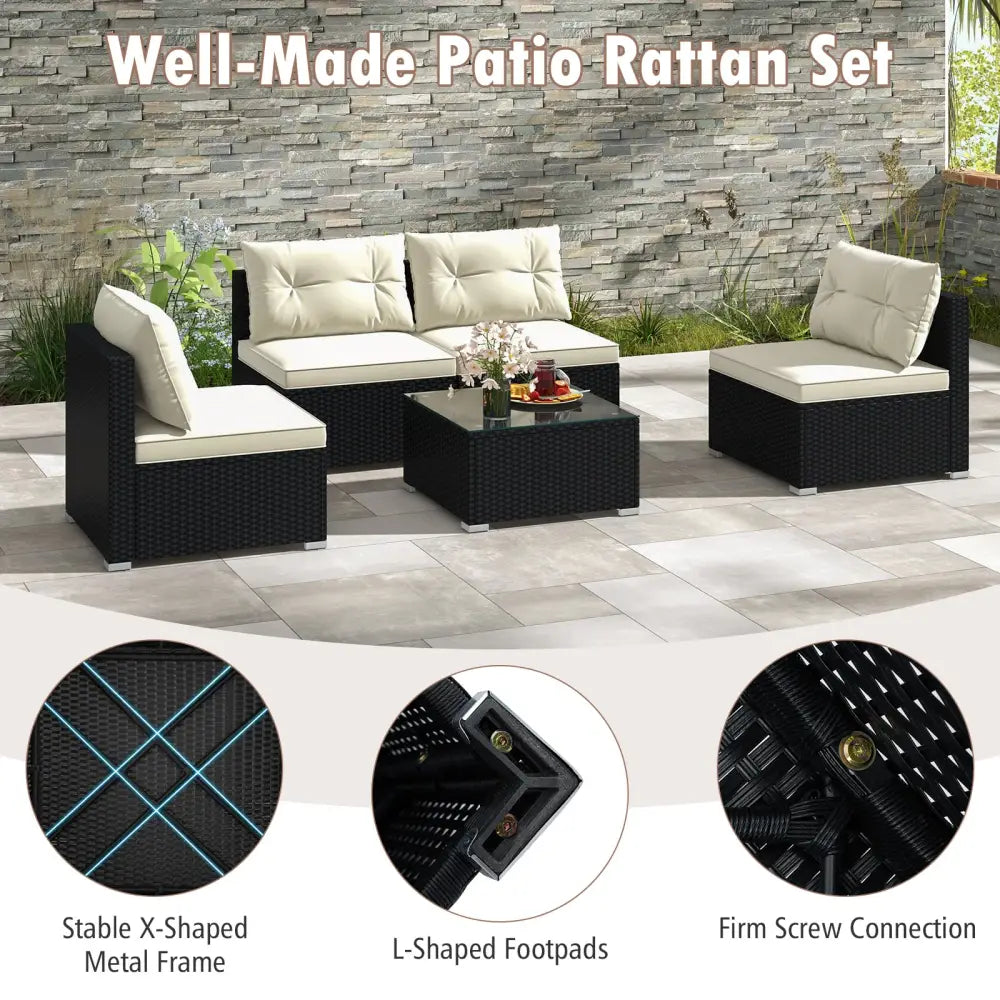 5 Pieces Outdoor Patio Furniture Set with Cushions and Coffee Table - Off White - Patio Conversation Sets