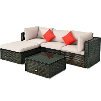 5 Pieces Outdoor Patio Rattan Furniture Set Sectional Conversation with Cushions-Beige - Beige - Outdoor Sectionals