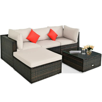 5 Pieces Outdoor Patio Rattan Furniture Set Sectional Conversation with Cushions-Beige - Beige - Outdoor Sectionals