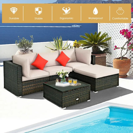 5 Pieces Outdoor Patio Rattan Furniture Set Sectional Conversation with Cushions-Beige - Beige - Outdoor Sectionals