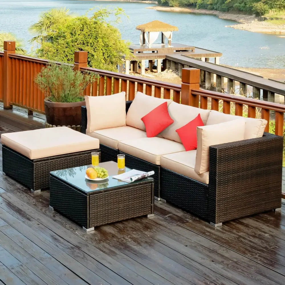 5 Pieces Outdoor Patio Rattan Furniture Set Sectional Conversation with Cushions-Beige - Beige - Outdoor Sectionals