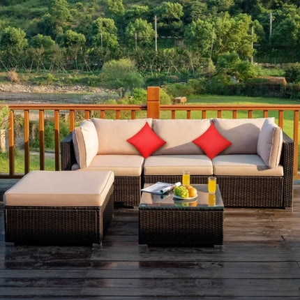 5 Pieces Outdoor Patio Rattan Furniture Set Sectional Conversation with Cushions-Beige - Beige - Outdoor Sectionals