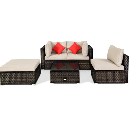 5 Pieces Outdoor Patio Rattan Furniture Set Sectional Conversation with Cushions-Beige - Beige - Outdoor Sectionals