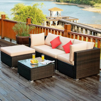 5 Pieces Outdoor Patio Rattan Furniture Set Sectional Conversation with Cushions-Beige - Beige - Outdoor Sectionals