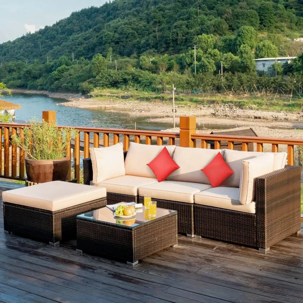 5 Pieces Outdoor Patio Rattan Furniture Set Sectional Conversation with Cushions-Beige - Beige - Outdoor Sectionals