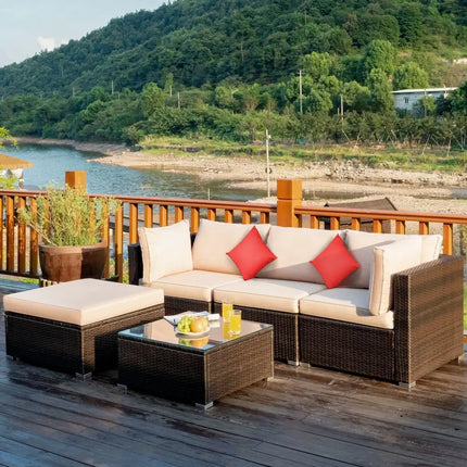 5 Pieces Outdoor Patio Rattan Furniture Set Sectional Conversation with Cushions-Beige - Beige - Outdoor Sectionals