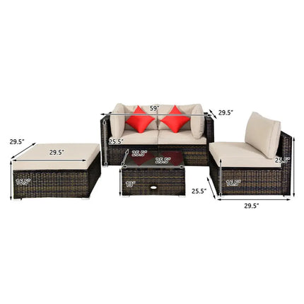 5 Pieces Outdoor Patio Rattan Furniture Set Sectional Conversation with Cushions-Beige - Beige - Outdoor Sectionals