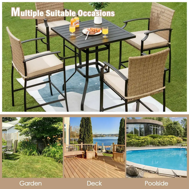 5 Pieces Outdoor Rattan Bistro Bar Stool Table Set with Cushions - Black - Patio Bar Furniture