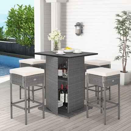 5 Pieces Outdoor Wicker Bar Table Set with Hidden Storage Shelves-White - Beige - Patio Bar Furniture