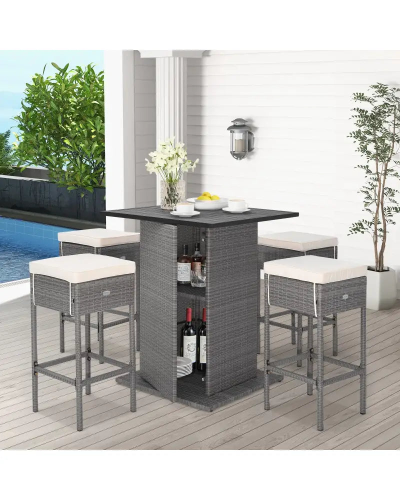 5 Pieces Outdoor Wicker Bar Table Set with Hidden Storage Shelves-White - Beige - Patio Bar Furniture