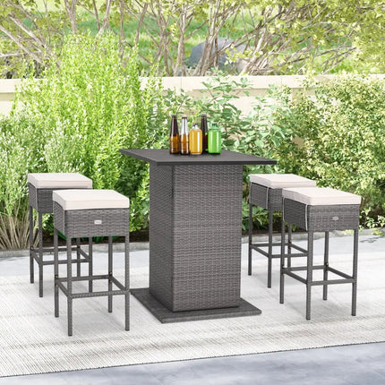 5 Pieces Outdoor Wicker Bar Table Set with Hidden Storage Shelves-White - Beige - Patio Bar Furniture