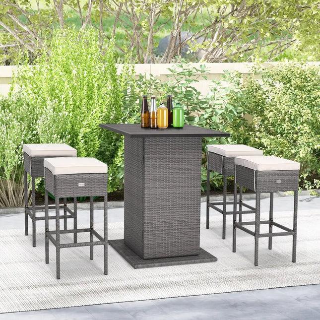 5 Pieces Outdoor Wicker Bar Table Set with Hidden Storage Shelves-White - Beige - Patio Bar Furniture
