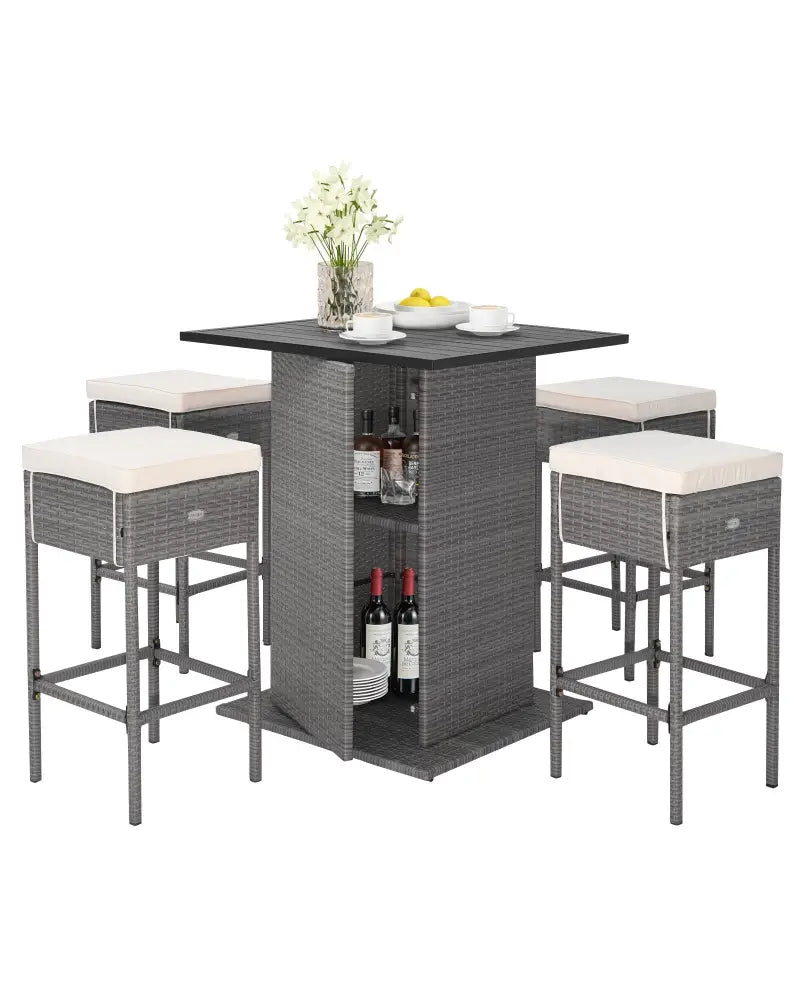 5 Pieces Outdoor Wicker Bar Table Set with Hidden Storage Shelves-White - Beige - Patio Bar Furniture