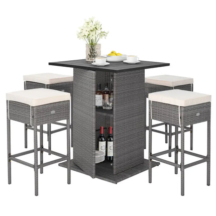5 Pieces Outdoor Wicker Bar Table Set with Hidden Storage Shelves-White - Beige - Patio Bar Furniture
