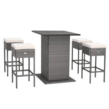 5 Pieces Outdoor Wicker Bar Table Set with Hidden Storage Shelves-White - Beige - Patio Bar Furniture