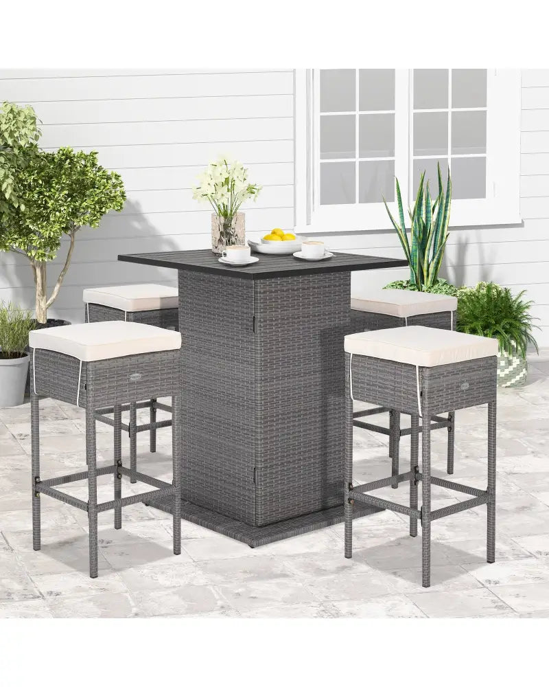 5 Pieces Outdoor Wicker Bar Table Set with Hidden Storage Shelves-White - Beige - Patio Bar Furniture