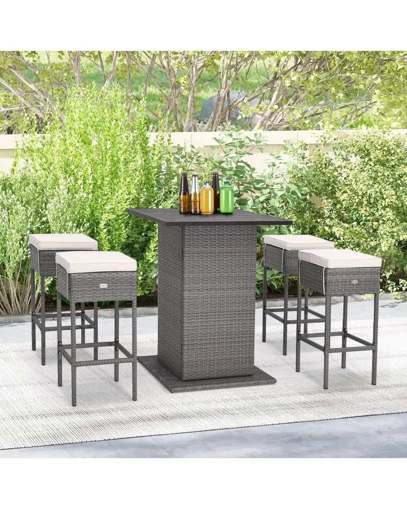 5 Pieces Outdoor Wicker Bar Table Set with Hidden Storage Shelves-White - Beige - Patio Bar Furniture