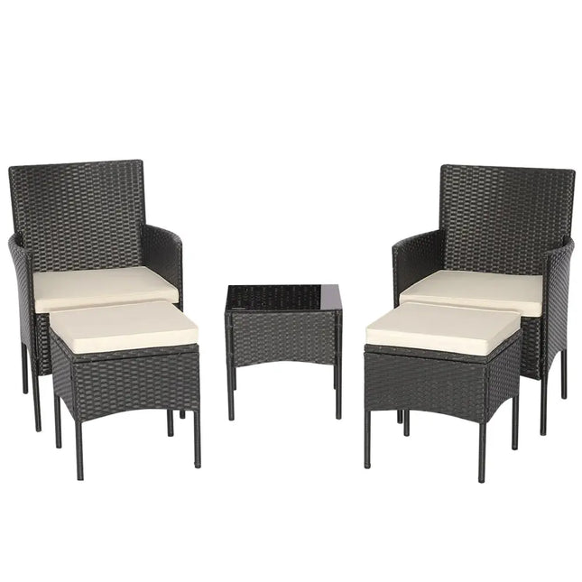 5 Pieces Outdoor Wicker Sofa Set with Coffee Table and 2 Ottomans - White - Patio Conversation Sets