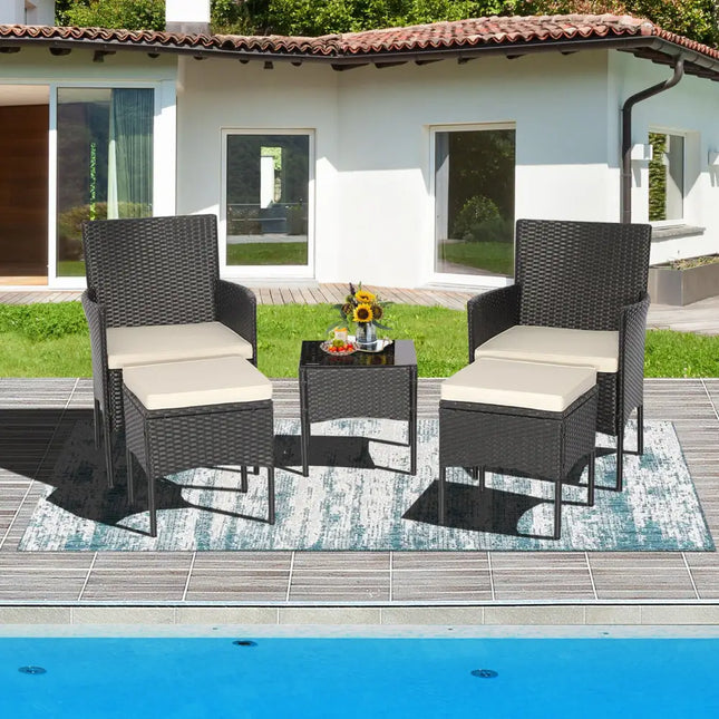 5 Pieces Outdoor Wicker Sofa Set with Coffee Table and 2 Ottomans - White - Patio Conversation Sets