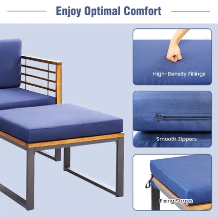 5 Pieces Patio Acacia Wood Chair Set with Ottomans and Coffee Table-Navy - Navy - Patio Conversation Sets