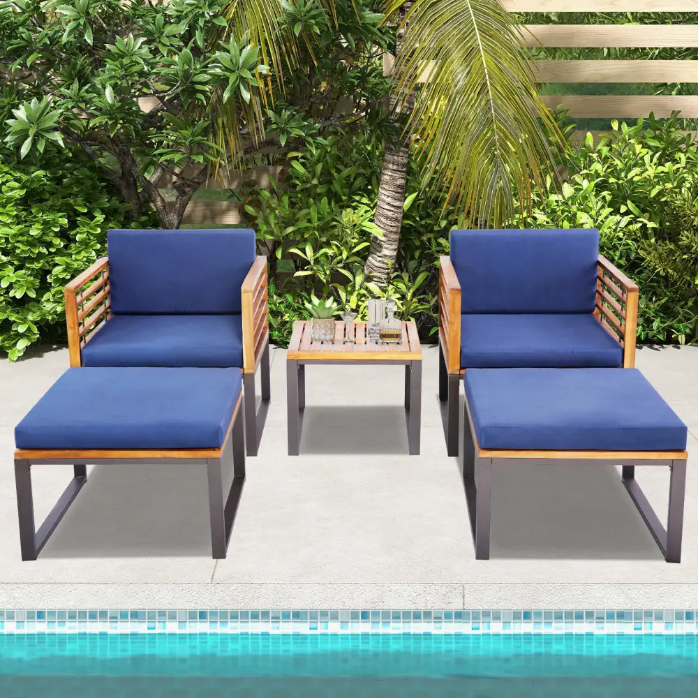 5 Pieces Patio Acacia Wood Chair Set with Ottomans and Coffee Table-Navy - Navy - Patio Conversation Sets