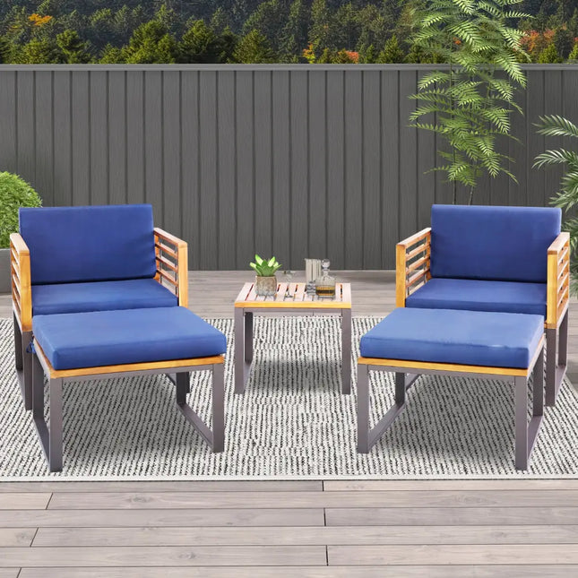 5 Pieces Patio Acacia Wood Chair Set with Ottomans and Coffee Table-Navy - Navy - Patio Conversation Sets